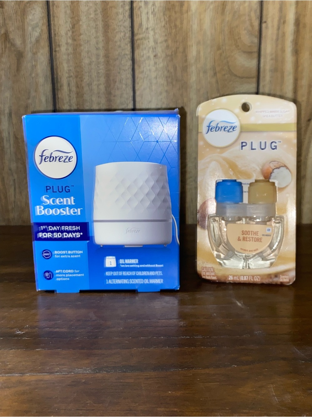 Febreze Plug Scent Booster Oil Warmer Diffuser + Soothe & Restore Refill 0.87oz